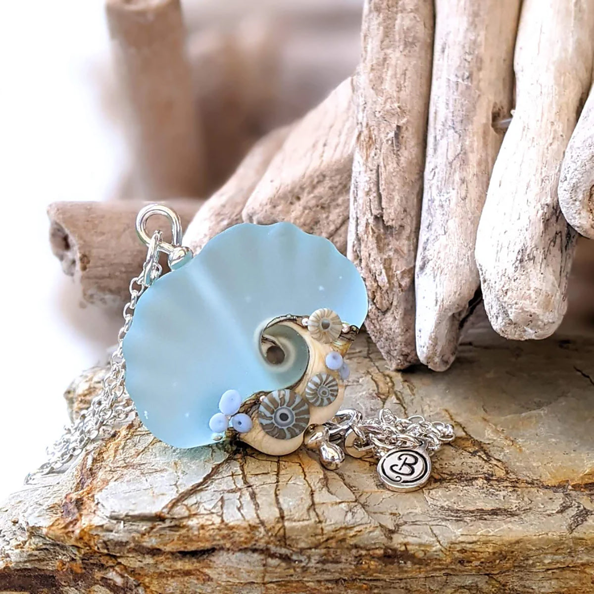 Beach Art Glass - Sea Mist Shell Pendant