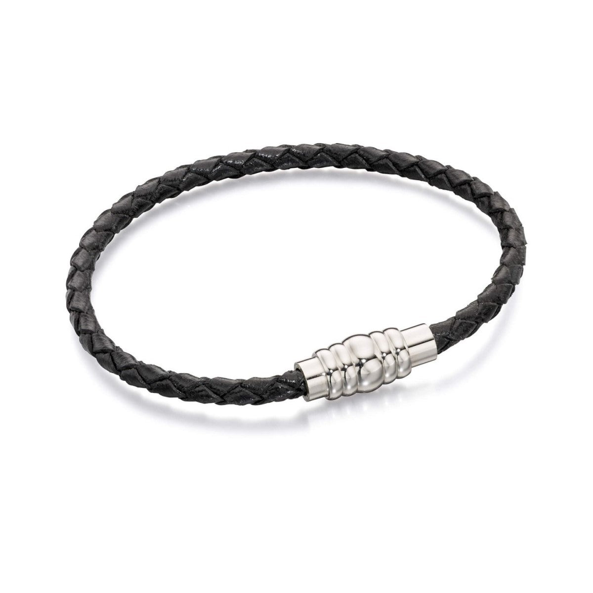 Black Leather & Stainless Steel Bracelet