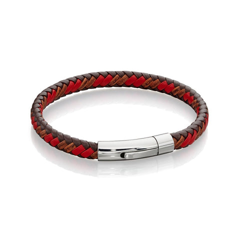 Tan & Red Leather & Stainless Steel Bracelet