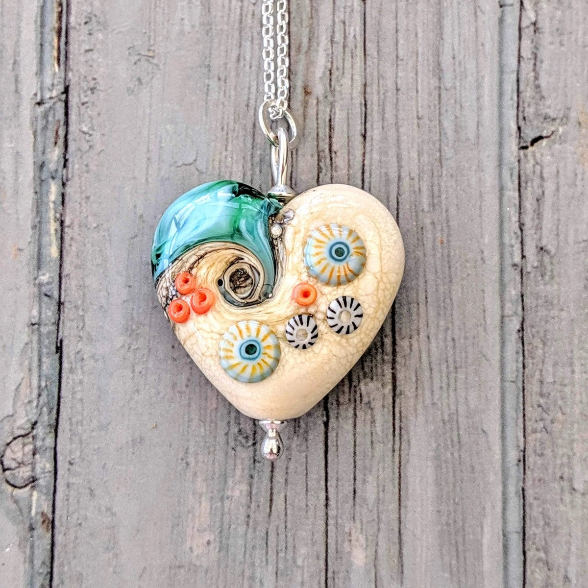 Beach Art Glass - Sand & Sea Heart Pendant