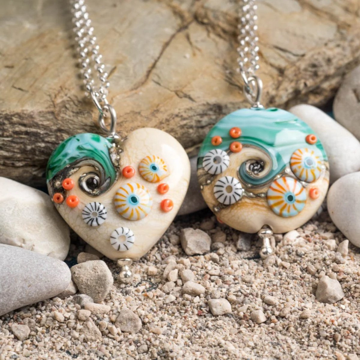 Beach Art Glass - Sand & Sea Heart Pendant