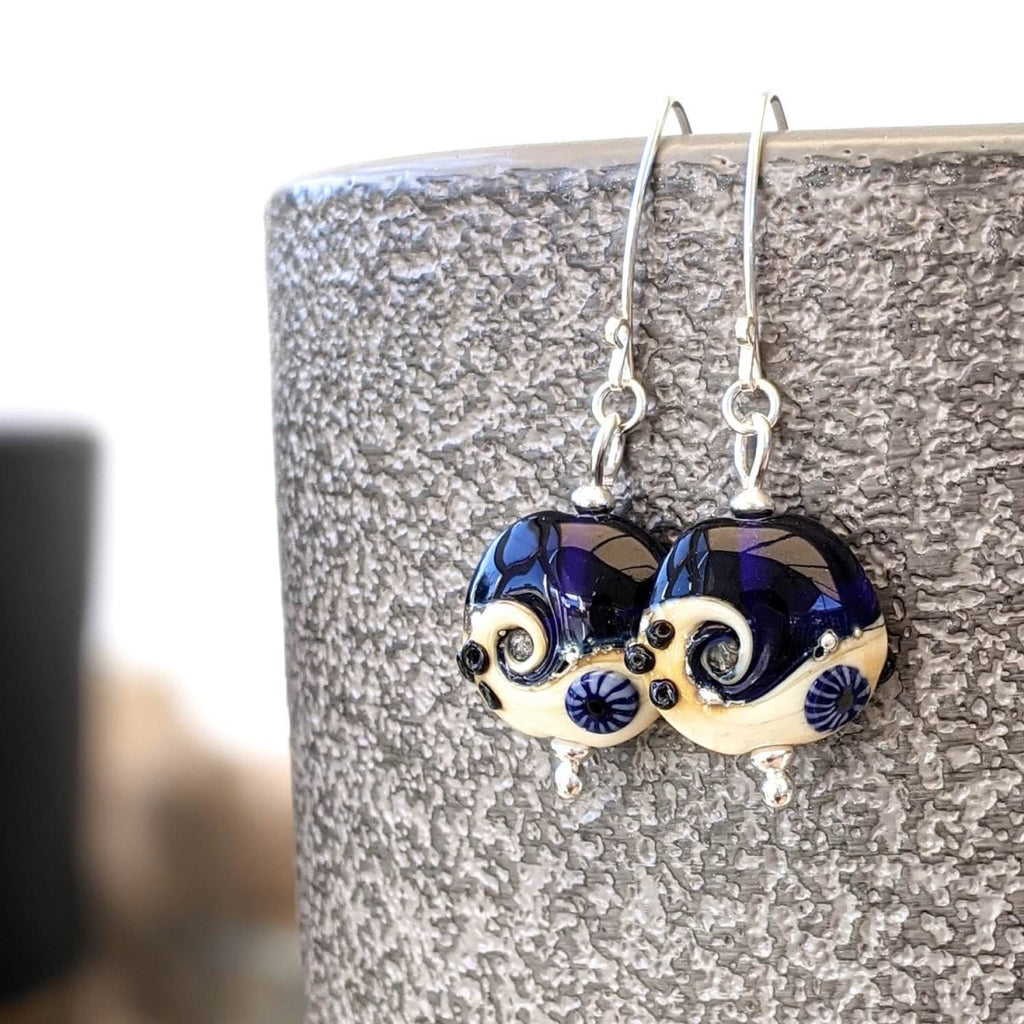 Beach Art Glass - Midnight Waves Lentil Earrings