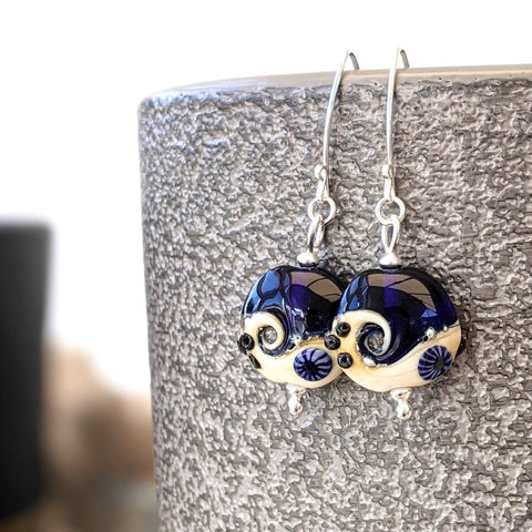 Beach Art Glass - Midnight Waves Lentil Earrings