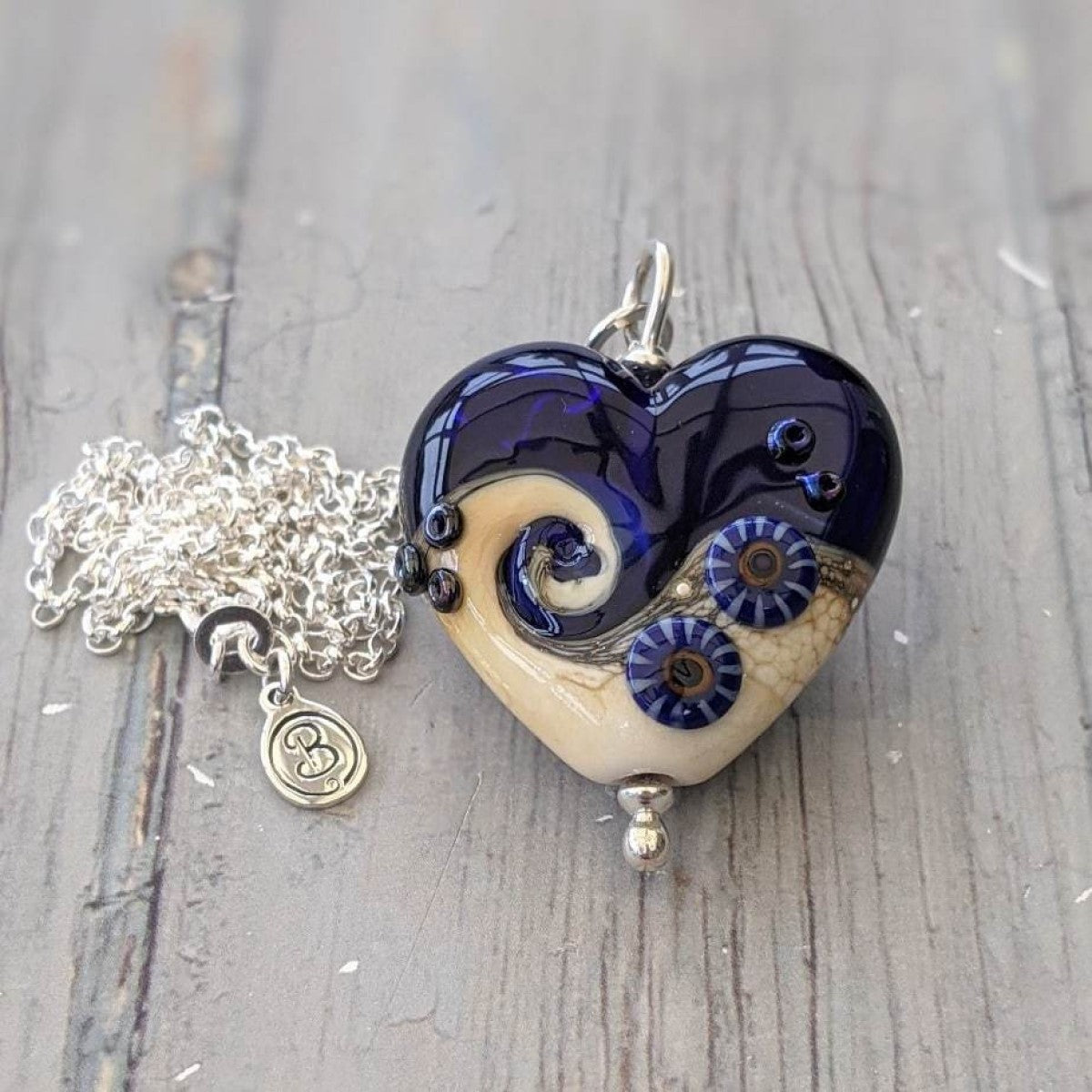 Beach Art Glass - Midnight Waves Heart Pendant