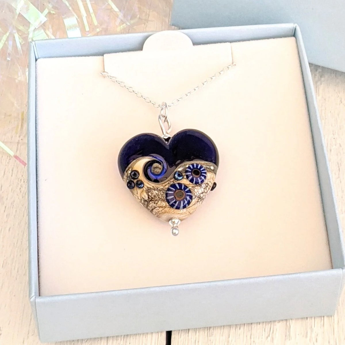 Beach Art Glass - Midnight Waves Heart Pendant