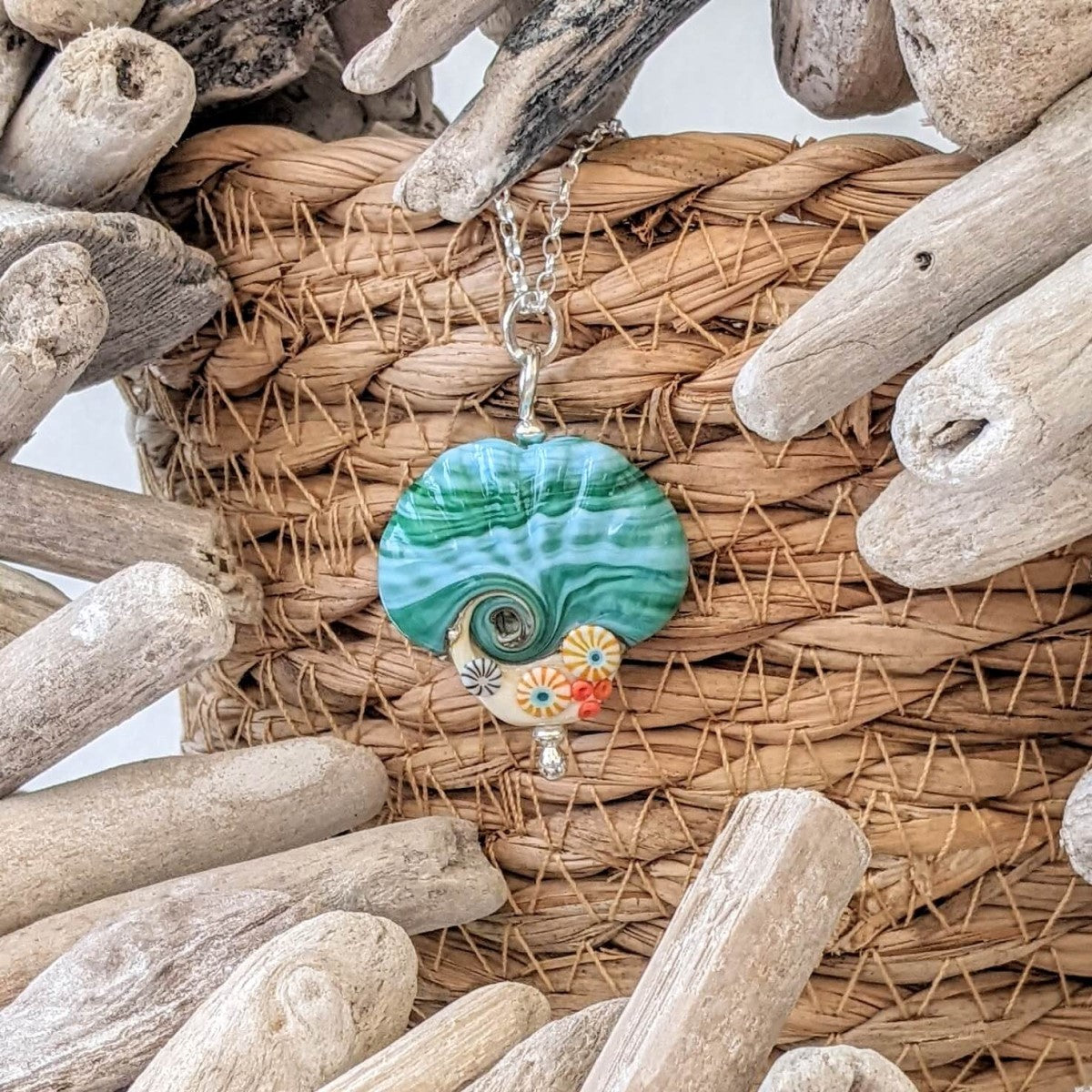 Beach Art Glass - Sand & Sea Shell Pendant