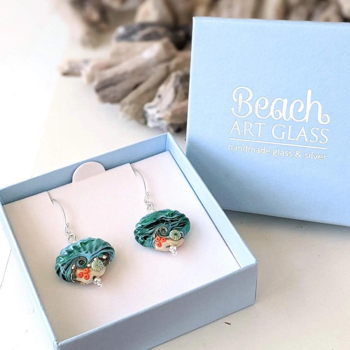 Beach Art Glass - Sand & Sea Shell Drop Earrings