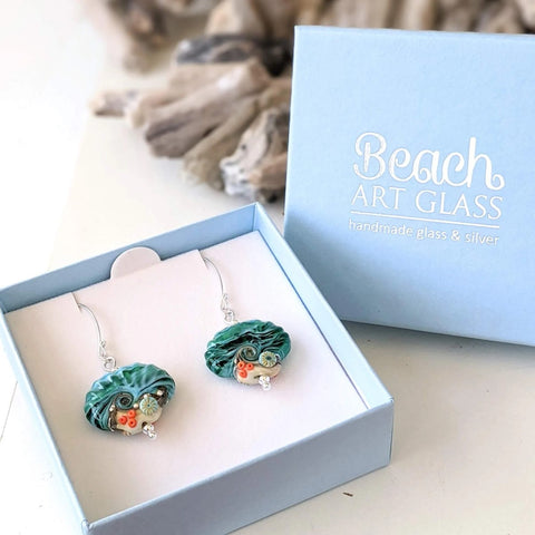 Beach Art Glass - Sand & Sea Shell Drop Earrings