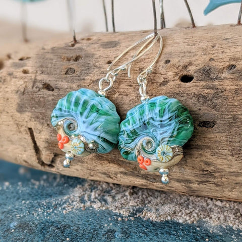 Beach Art Glass - Sand & Sea Shell Drop Earrings