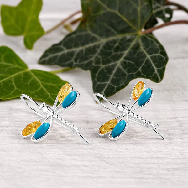 Sterling Silver Dragonfly Drop Earrings with Turquoise & Amber