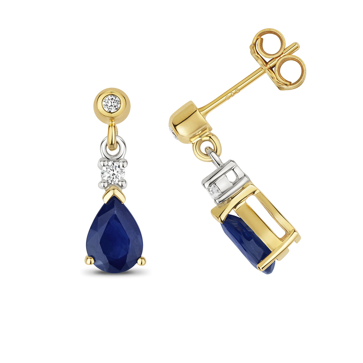 9ct Yellow Gold Sapphire & Diamond Drop Earrings