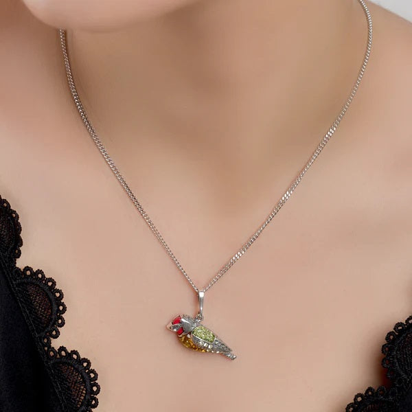 Sterling Silver Goldfinch Bird Necklace with Amber & Coral