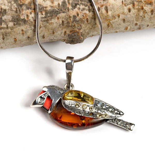 Sterling Silver Goldfinch Bird Necklace with Amber & Coral