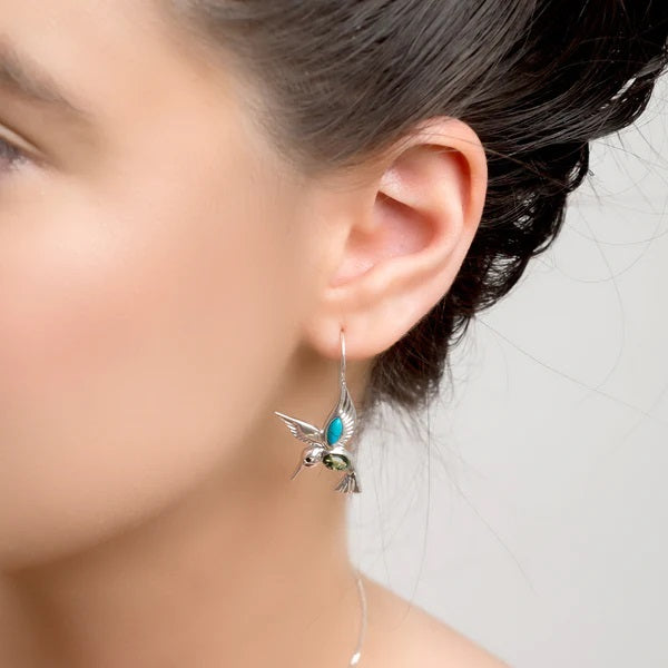 Sterling Silver Hummingbird Earrings with Turquoise & Amber