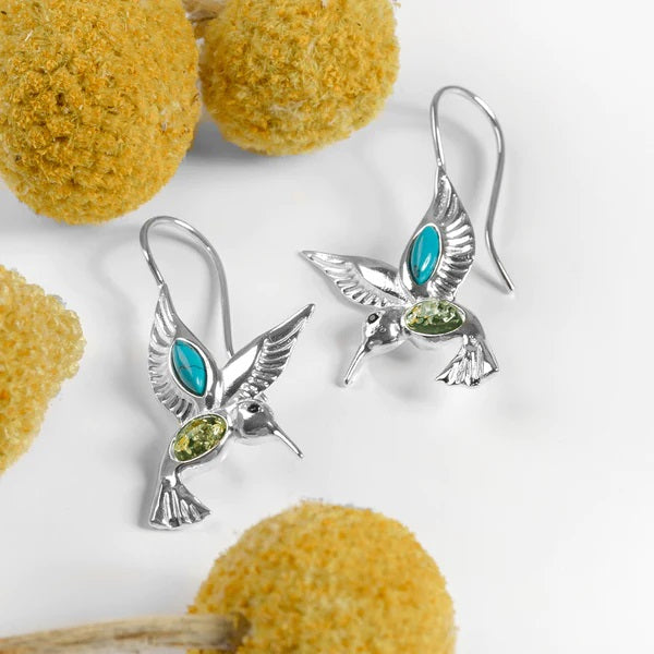 Sterling Silver Hummingbird Earrings with Turquoise & Amber