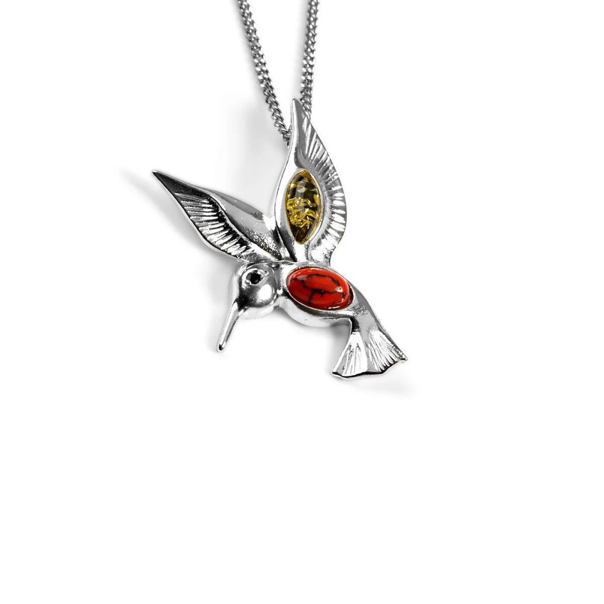 Sterling Silver Hovering Hummingbird Pendant Necklace with Amber & Coral