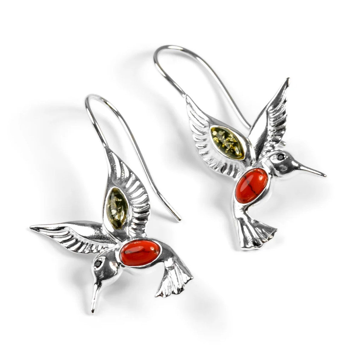 Sterling Silver Hovering Hummingbird Drop Earrings with Amber & Coral