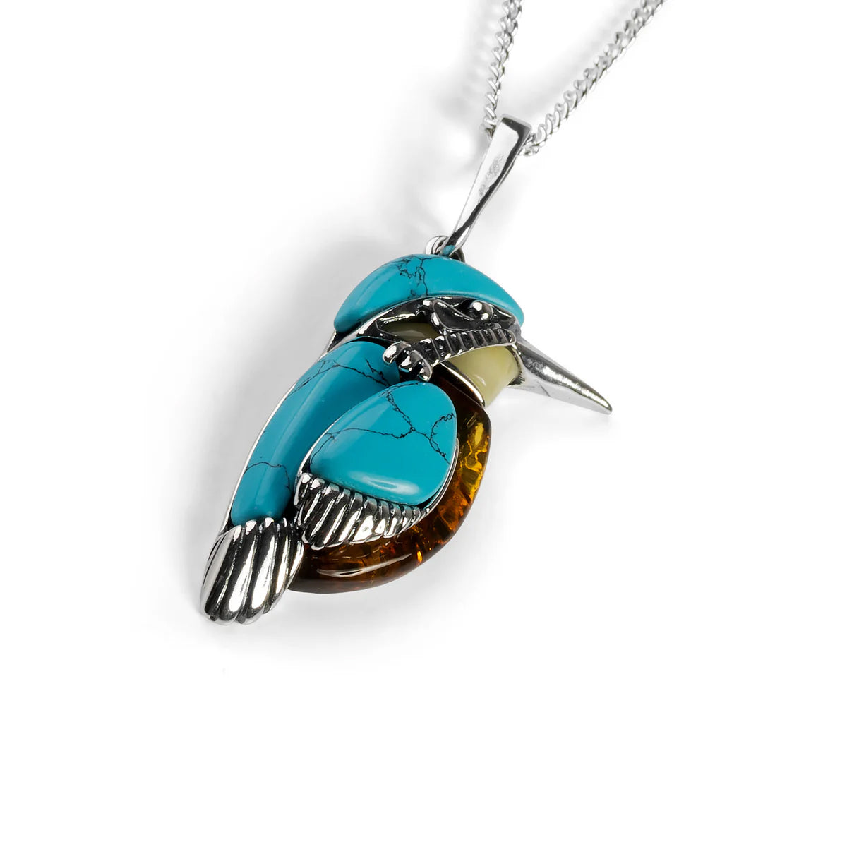 Large Sterling Silver Kingfisher Pendant with Amber & Turquoise