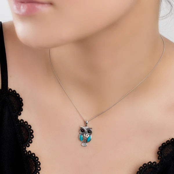 Sterling Silver Owl Necklace with Turquoise & Amber