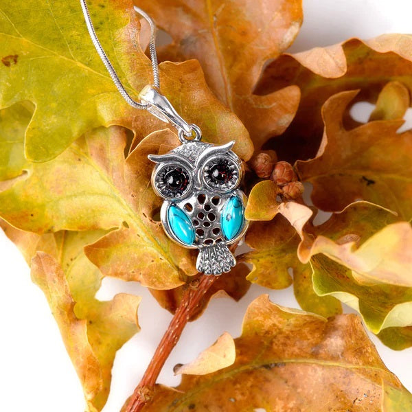 Sterling Silver Owl Necklace with Turquoise & Amber