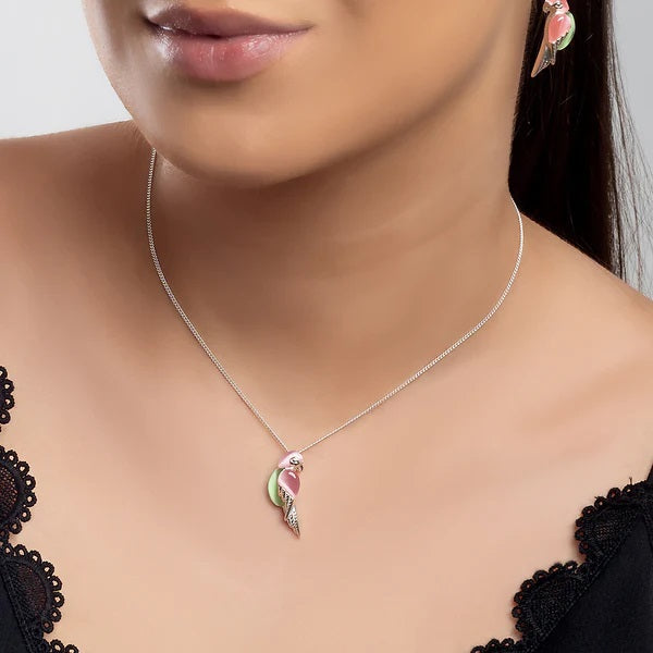 Sterling Silver Pink and Green Parrot Necklace