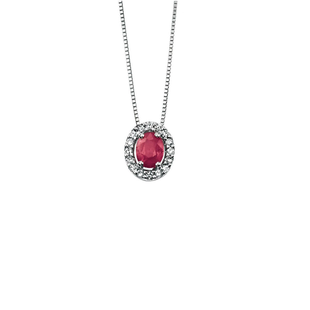 9ct White Gold Ruby and Diamond Oval Cluster Necklace