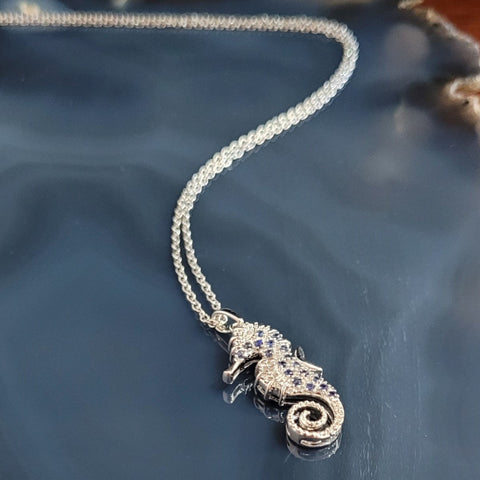 9ct White Gold Sapphire & Diamond Seahorse Necklace