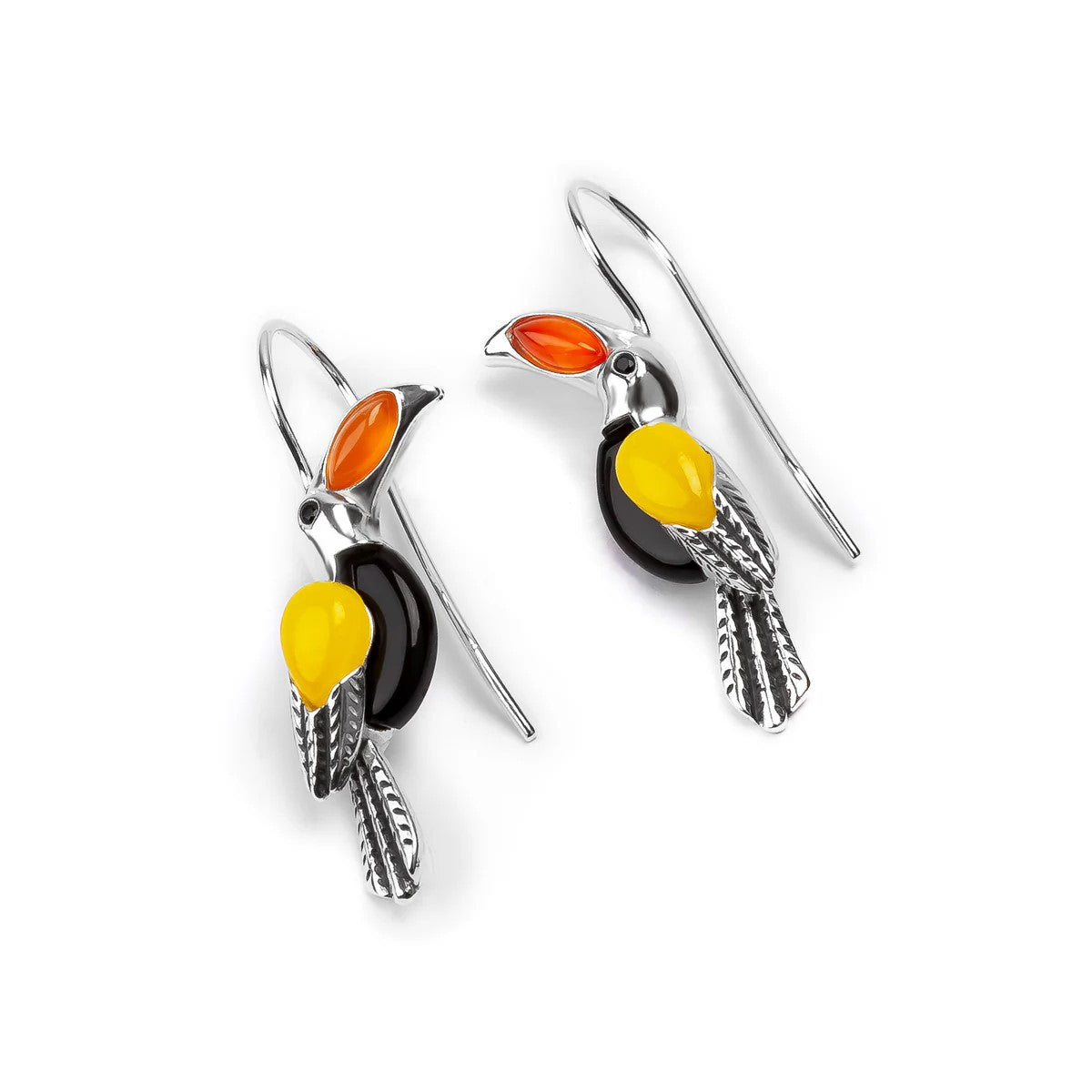 Sterling Silver Toucan Drop Earrings With Carnelian & Onyx