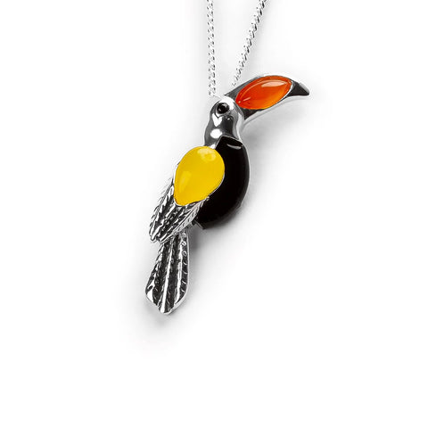 Sterling Silver Toucan Pendant Necklace With Carnelian & Onyx