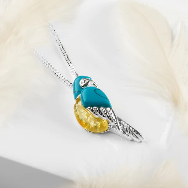 Sterling Silver Turquoise and Amber Parrot Necklace