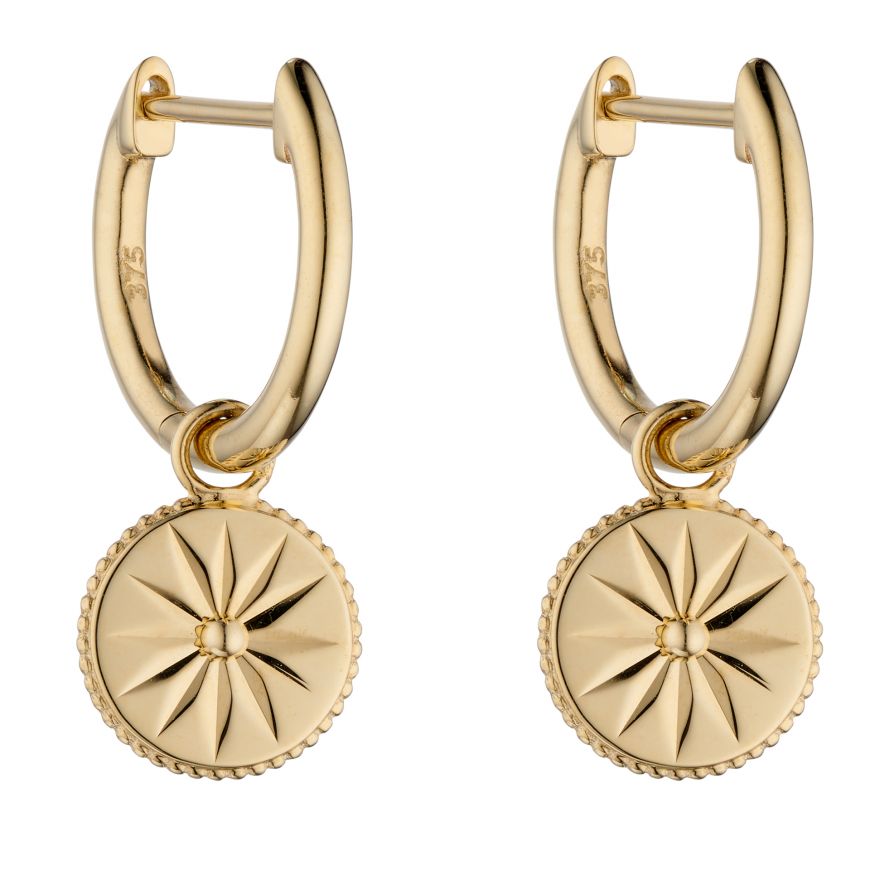 9ct Yellow Gold Motif Disc Hoop Earrings