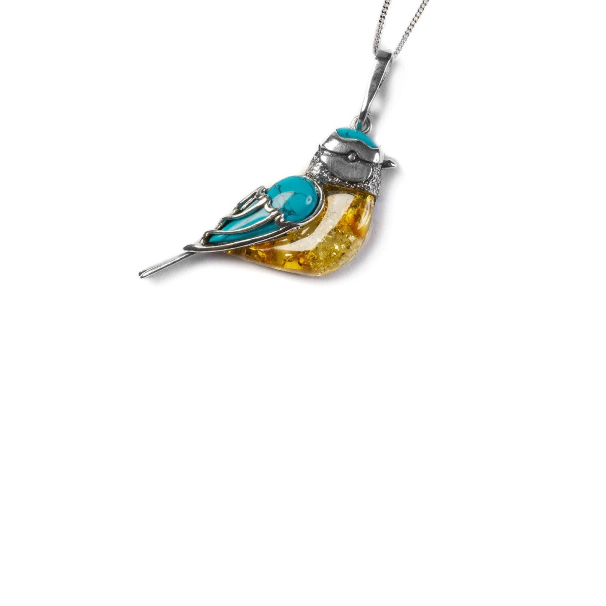 Sterling Silver Blue Tit Pendant Necklace with Amber & Turquoise