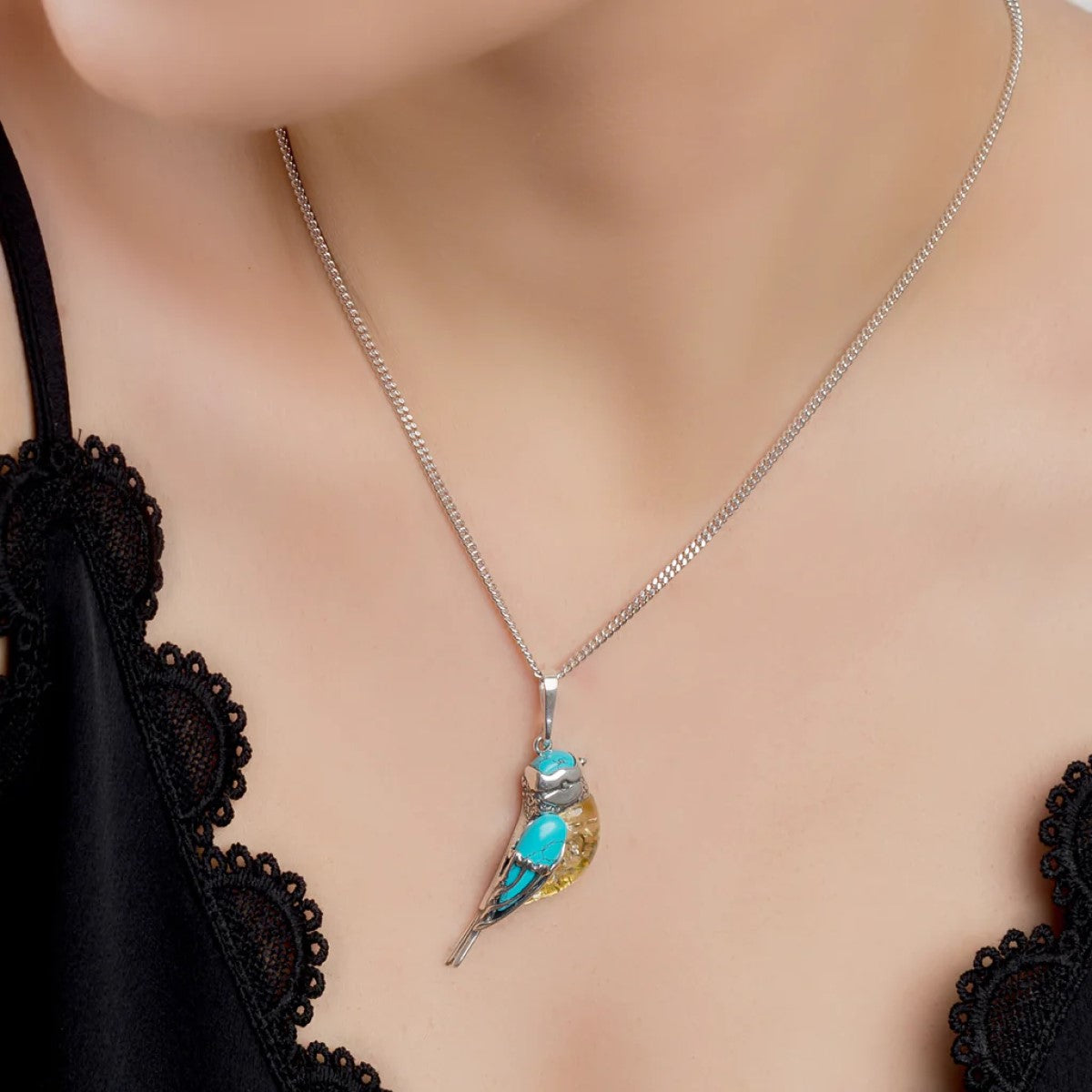 Sterling Silver Blue Tit Pendant Necklace with Amber & Turquoise