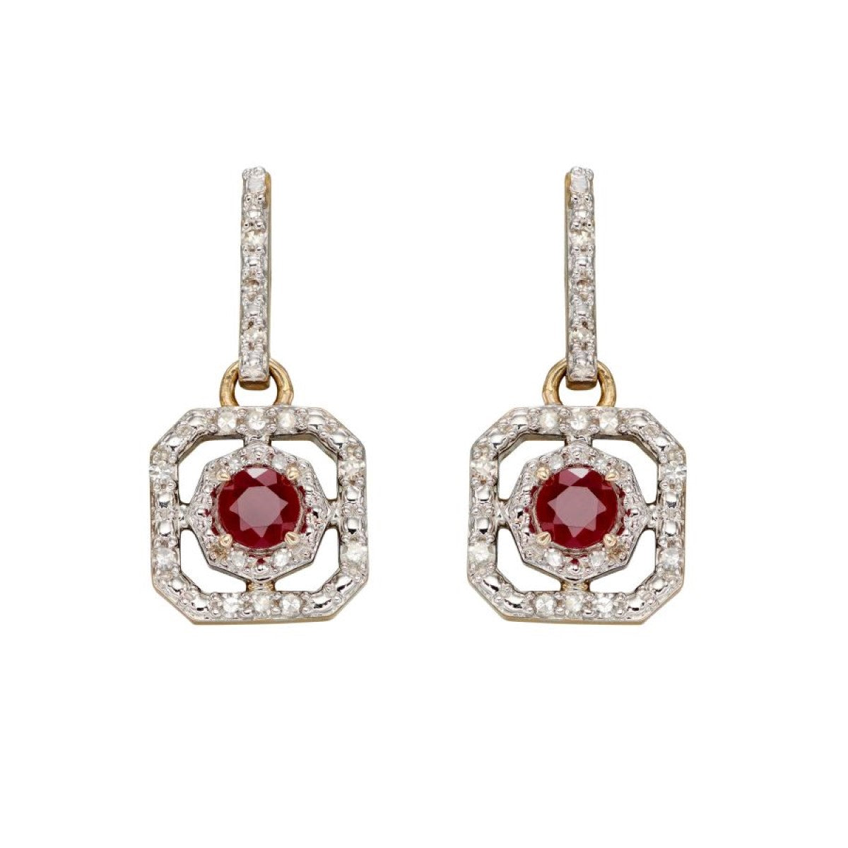 9ct Yellow Gold Ruby & Diamond Drop Earrings