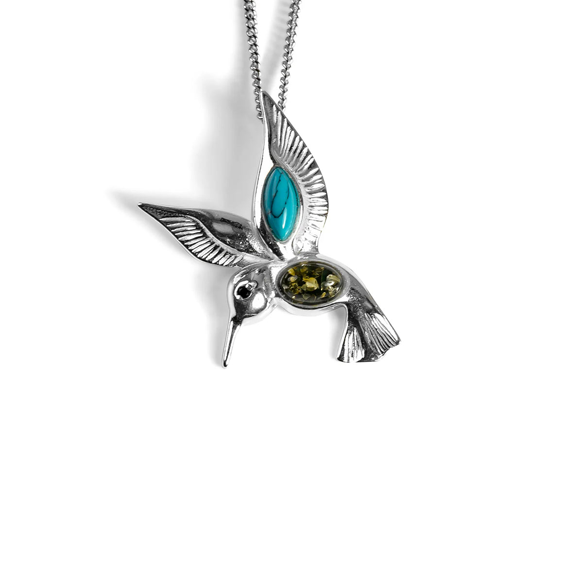 Sterling Silver Hummingbird Necklace with Turquoise & Amber