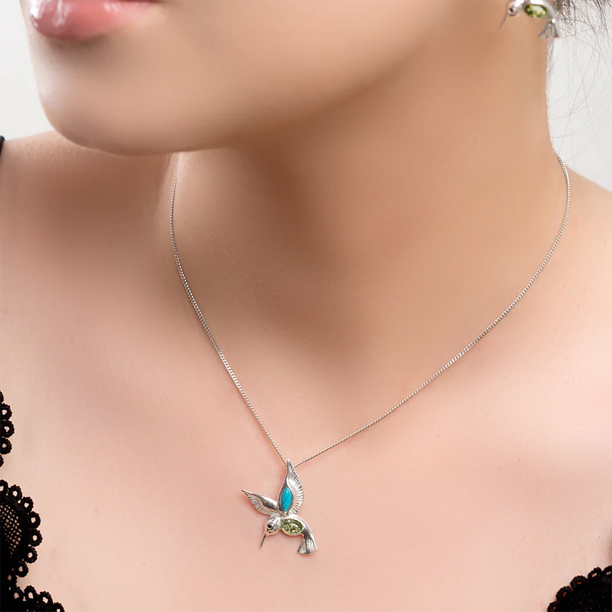 Sterling Silver Hummingbird Necklace with Turquoise & Amber