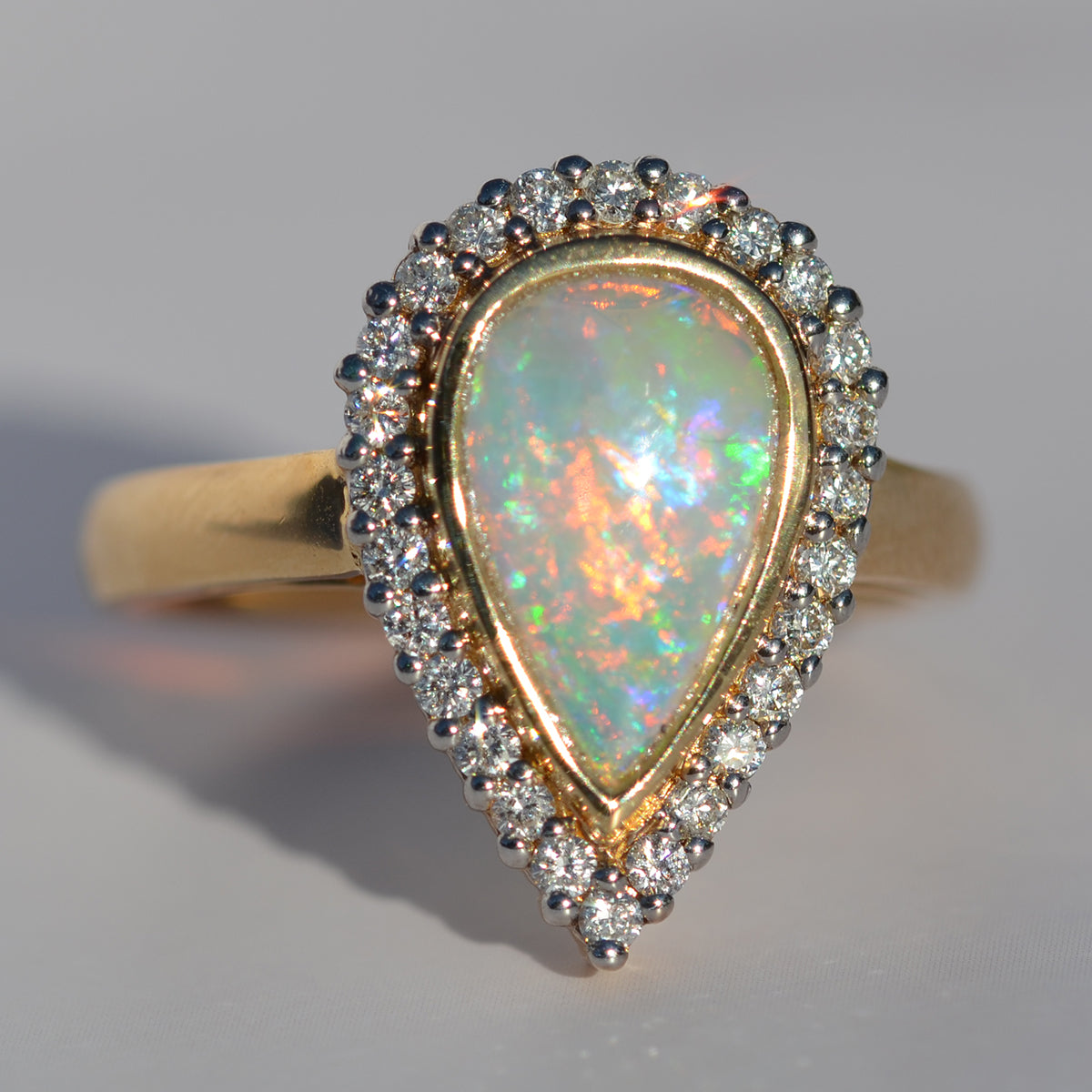 18ct Yellow Gold Australian Opal & Diamond Tear Drop Cluster Ring