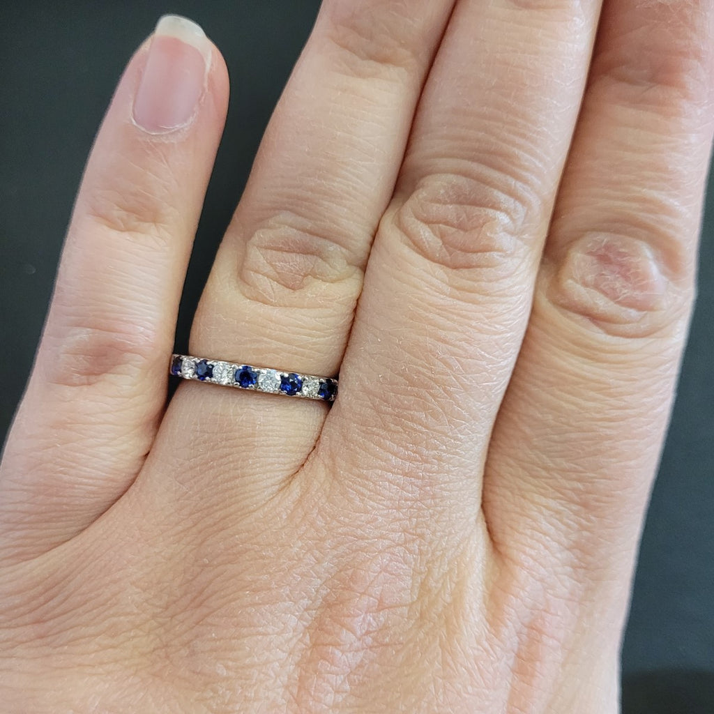 Natural Blue Sapphire Diamond Wedding Ring Solid 14K White Gold Anniversary  Ring Thin stacking Band