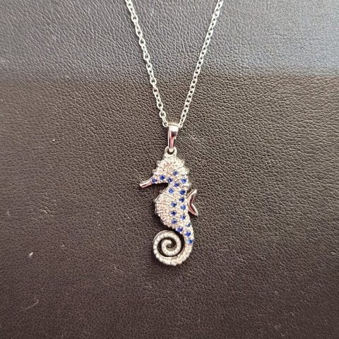 9ct White Gold Sapphire & Diamond Seahorse Necklace