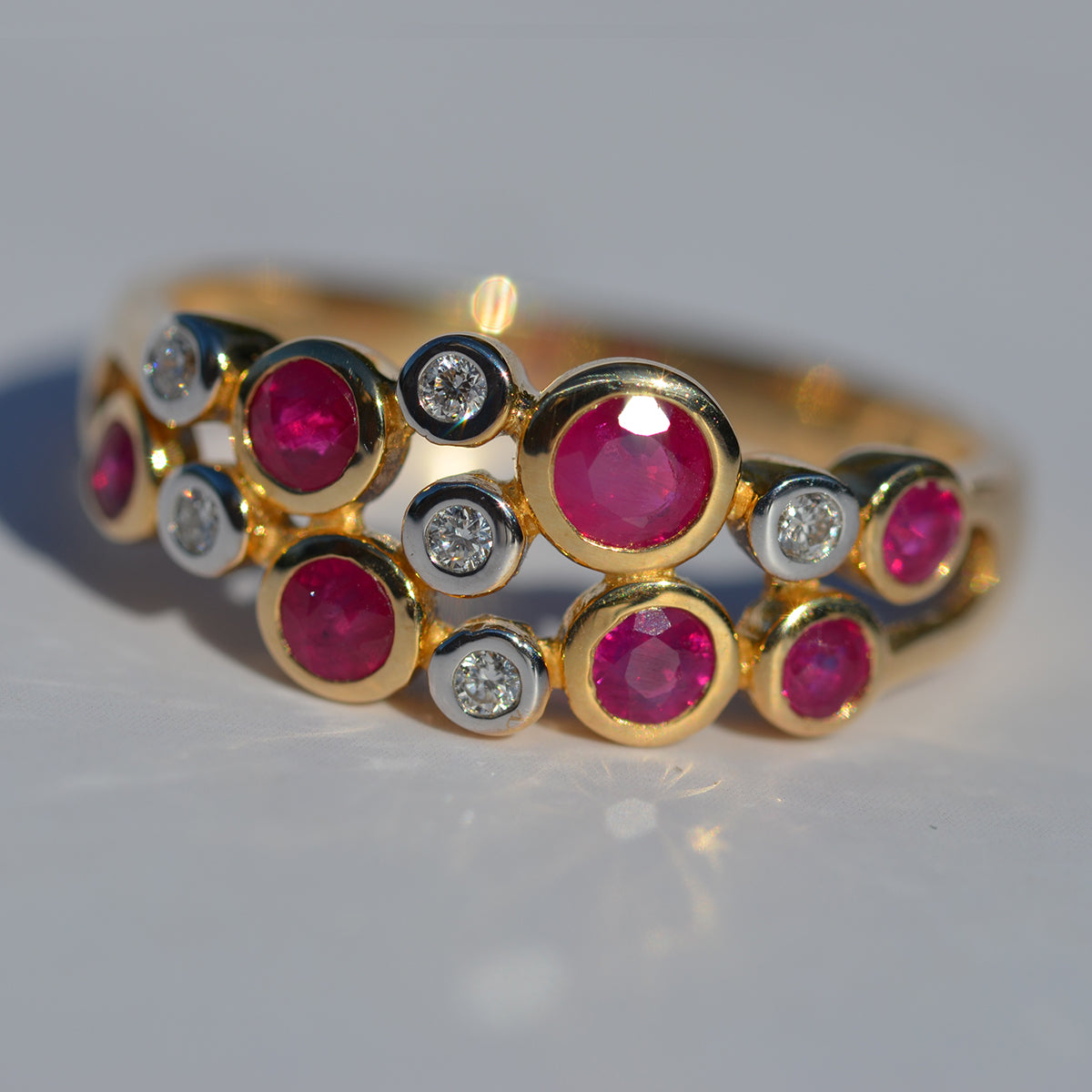 9ct Yellow Gold Ruby & Diamond Bubble Ring