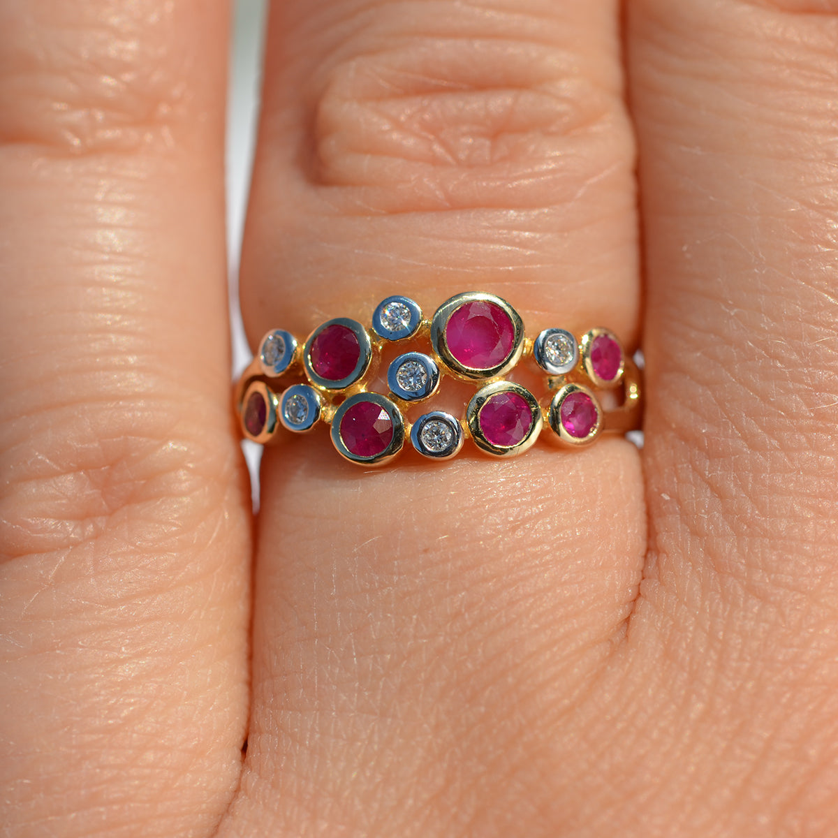 9ct Yellow Gold Ruby & Diamond Bubble Ring