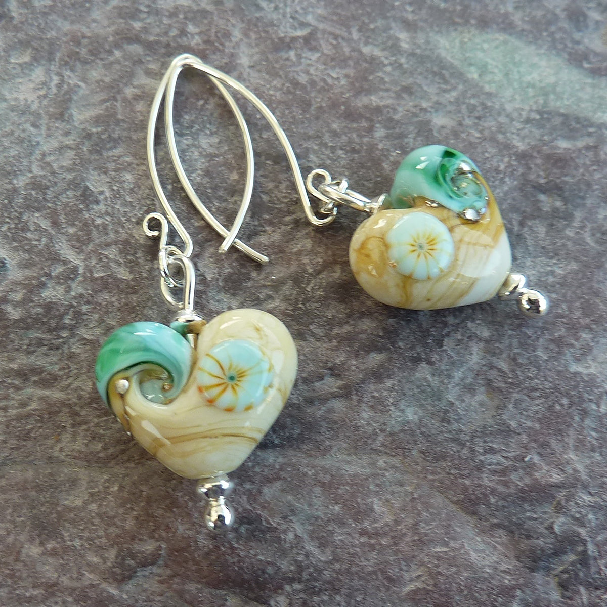 Beach Art Glass - Sand & Sea Heart Drop Earrings