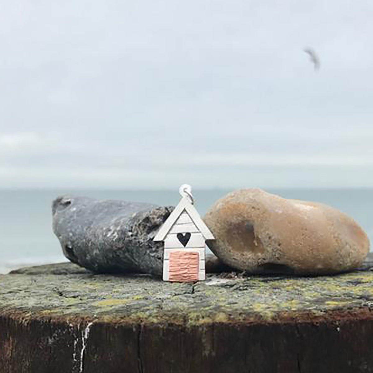 Handmade Large Silver Beach Hut with Heart Cutout Pendant