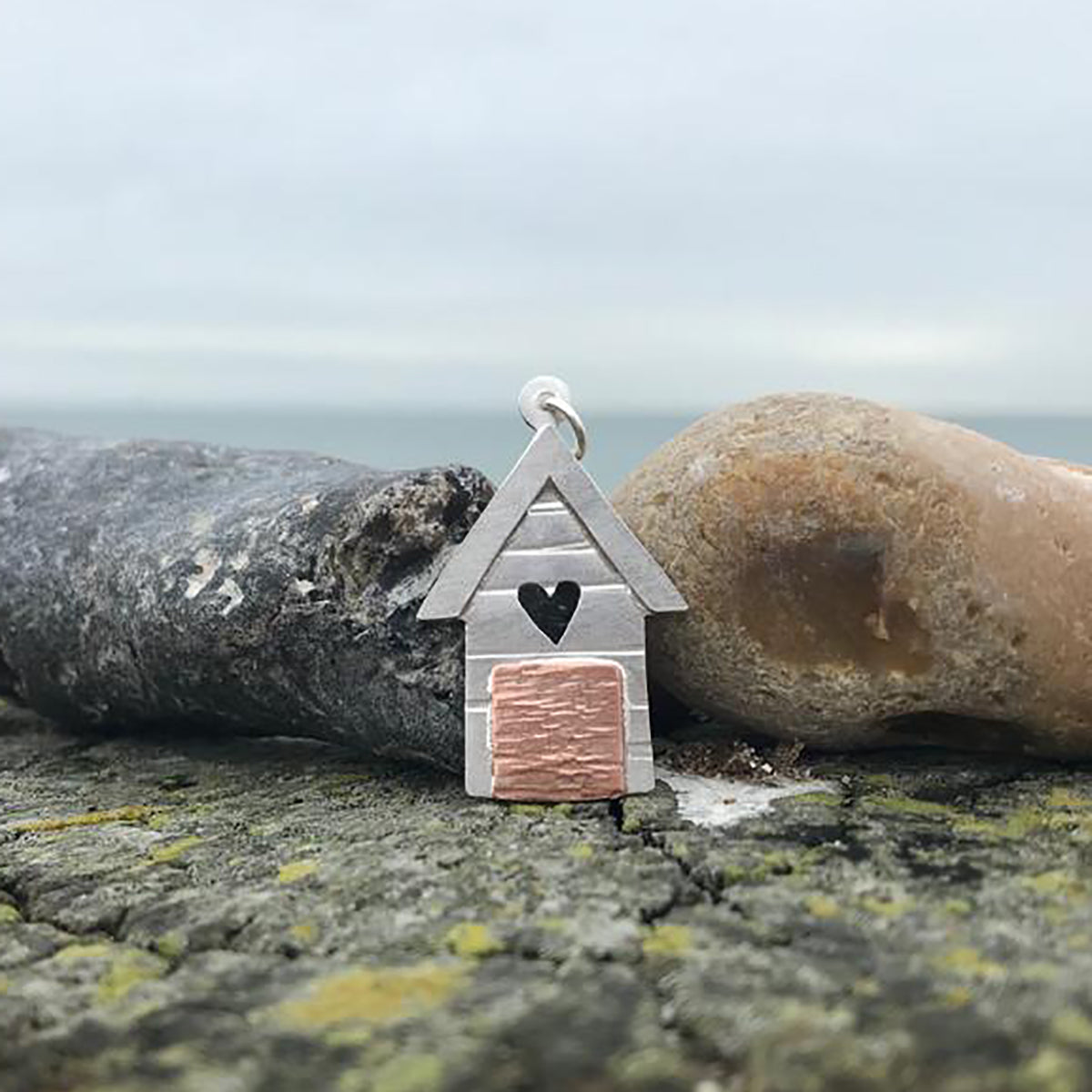 Handmade Large Silver Beach Hut with Heart Cutout Pendant