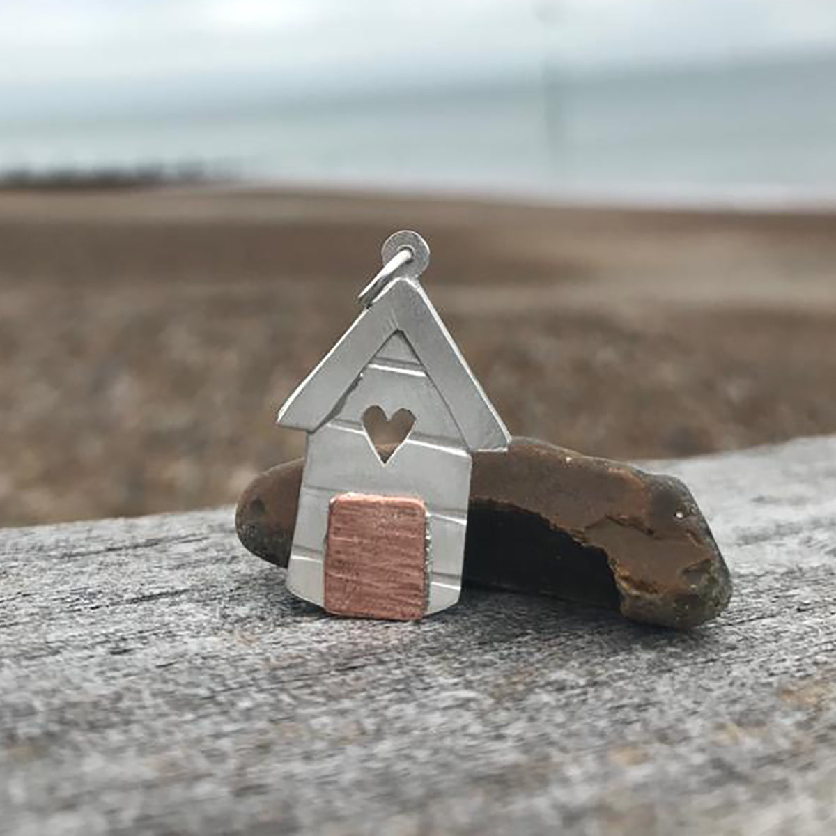 Handmade Medium Silver Beach Hut with Heart Cutout Pendant