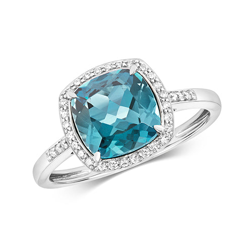 9ct White Gold London Blue Topaz and Diamond Cluster Ring