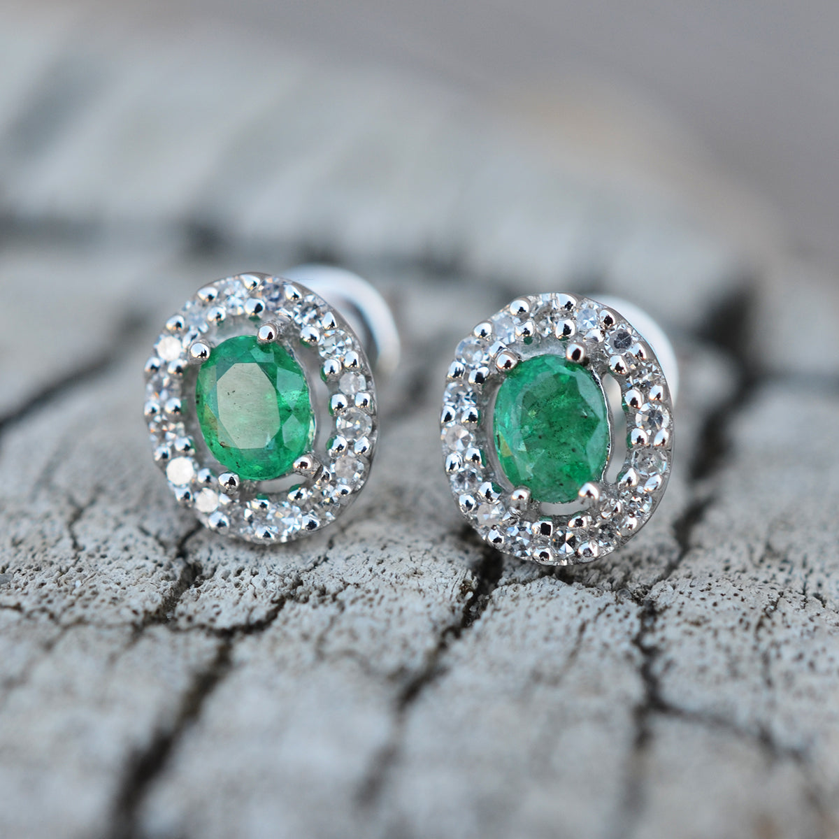 9ct White Gold Emerald & Diamond Earrings