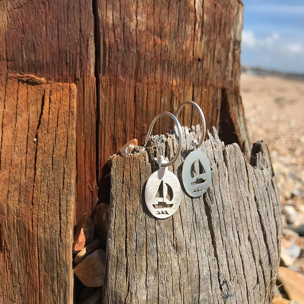 Handmade Silver Oval Sailing Boat Hoop Earrings