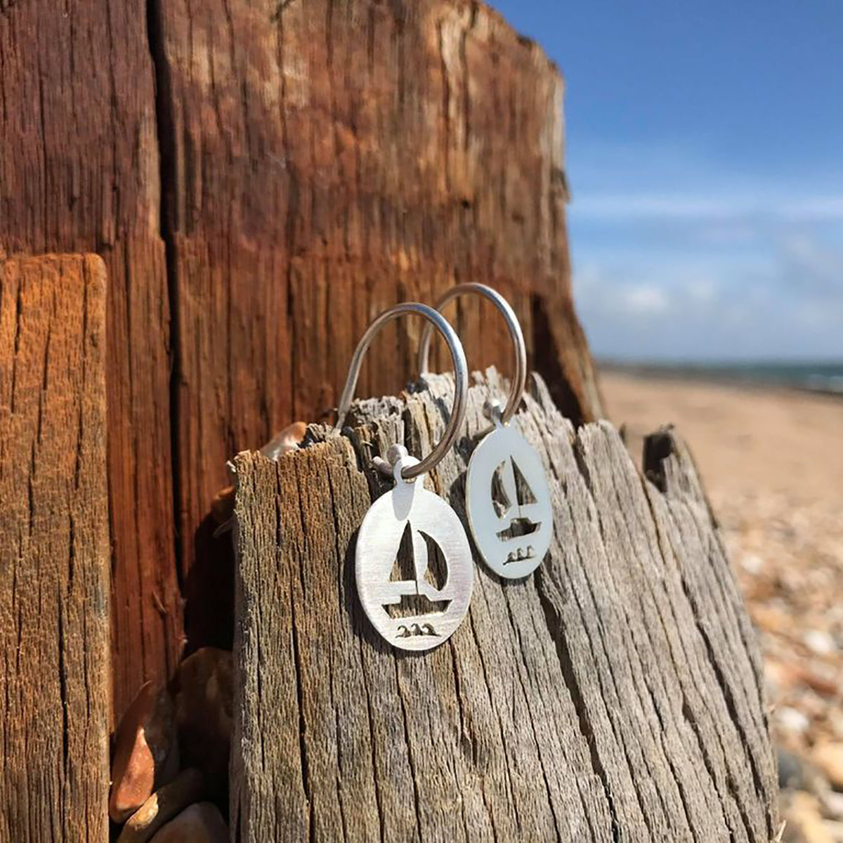 Handmade Silver Oval Sailing Boat Hoop Earrings