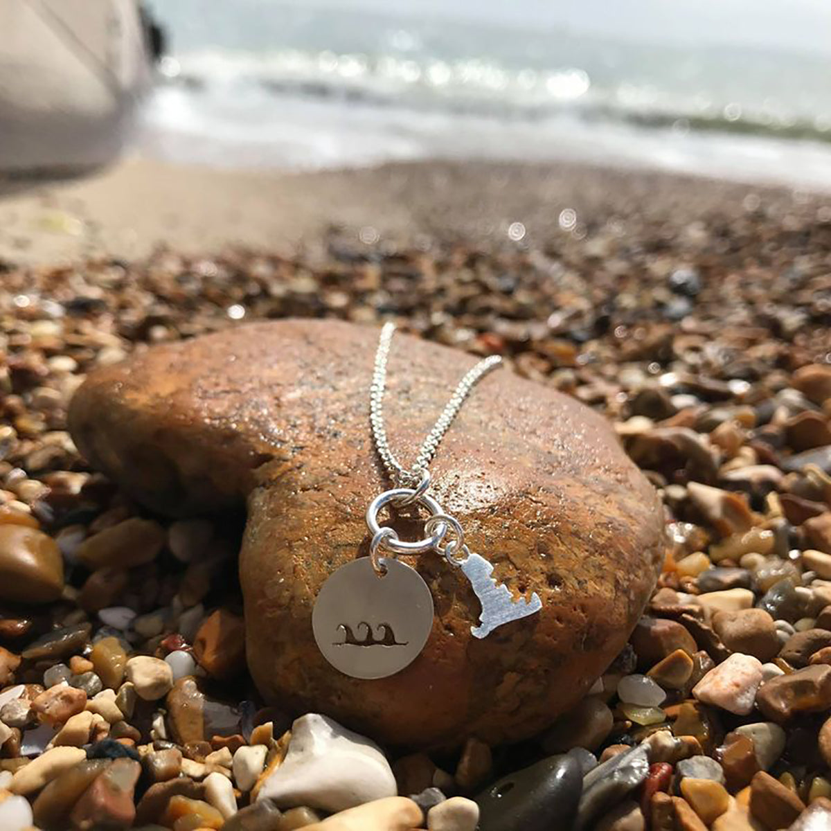 Handmade Silver Tiny Hayling Island Outline and Circle and Waves Charm Multi Pendant